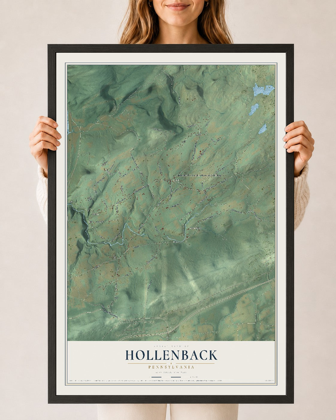 Map of Hollenback, Pennsylvania, 24 x 36 inch print in a black wood frame