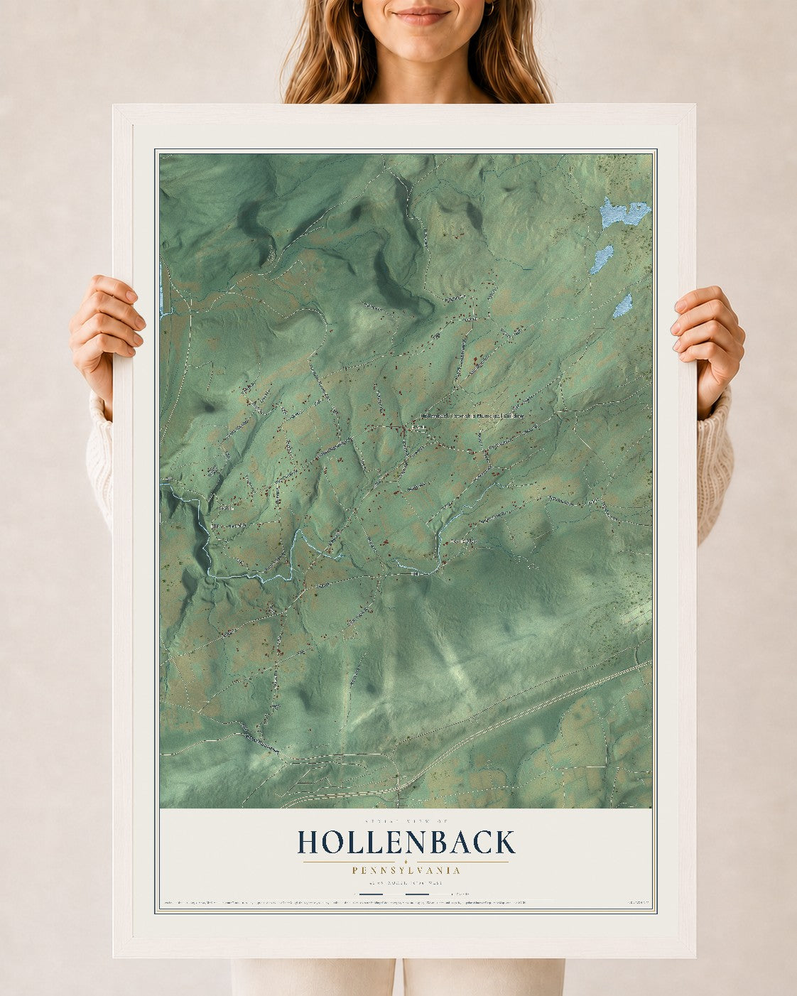 Map of Hollenback, Pennsylvania, 24 x 36 inch print in a white wood frame