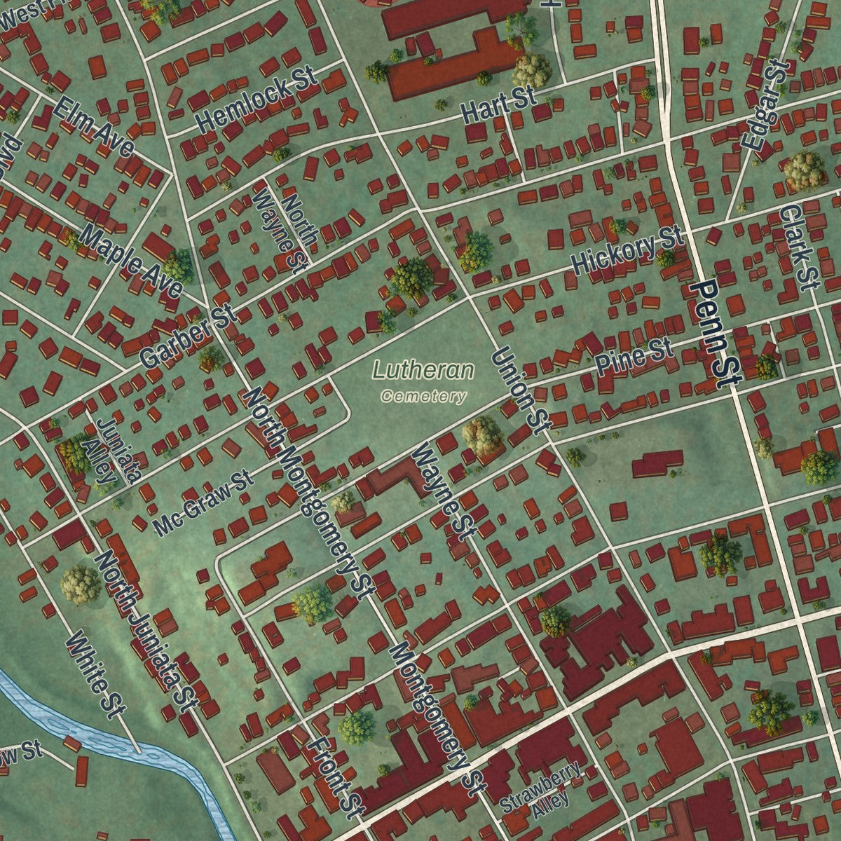 Close-up of the map of Hollidaysburg, Pennsylvania print showing street and building detail
