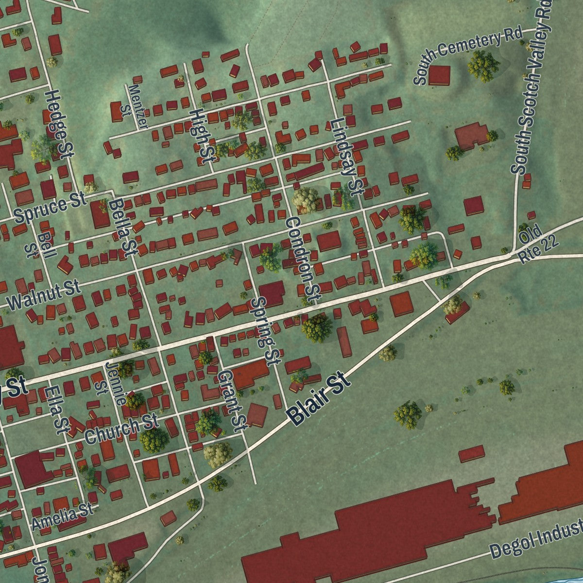 Second close-up of the map of Hollidaysburg, Pennsylvania print showing more streets and buildings