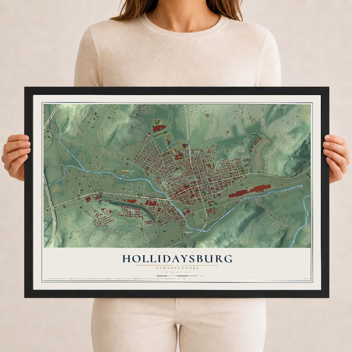 Map of Hollidaysburg, Pennsylvania, 12 x 18 inch print in a black wood frame