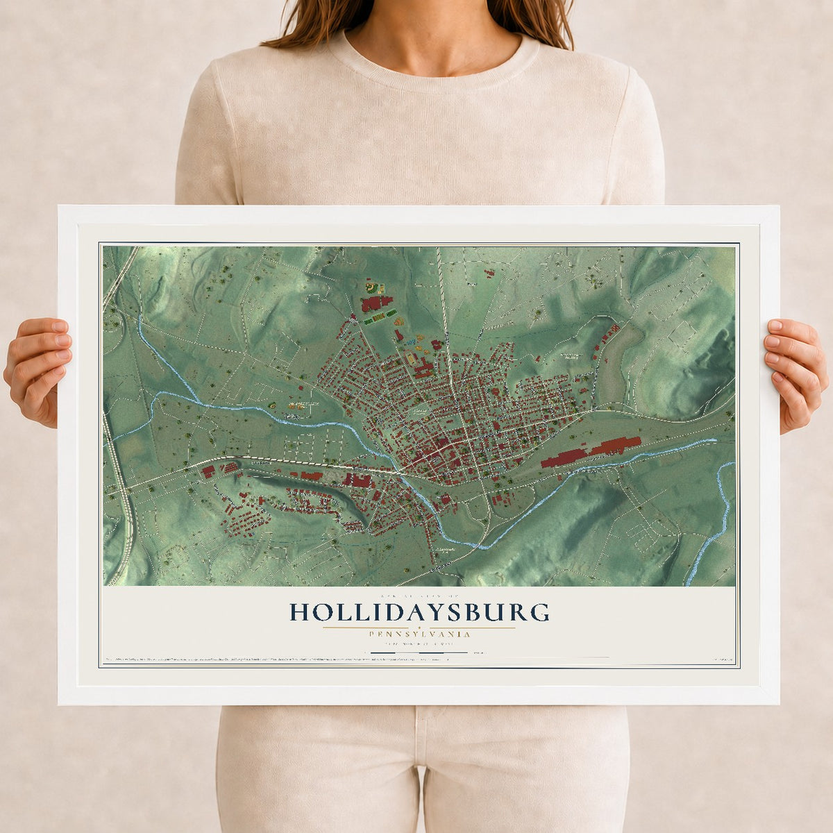Map of Hollidaysburg, Pennsylvania, 12 x 18 inch print in a white wood frame