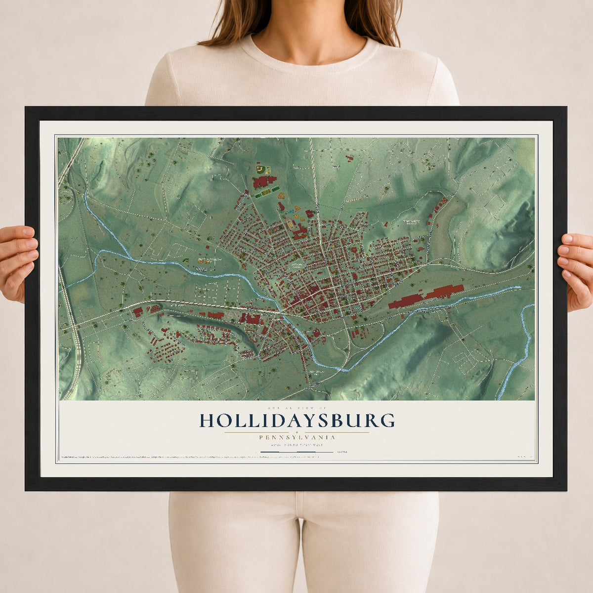 Map of Hollidaysburg, Pennsylvania, 18 x 24 inch print in a black wood frame
