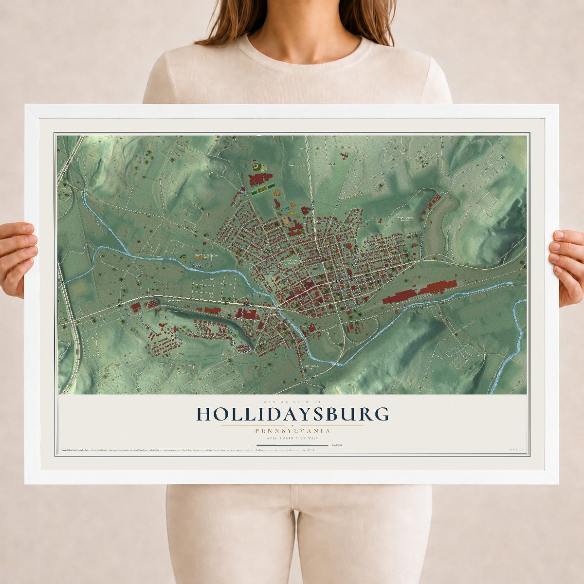 Map of Hollidaysburg, Pennsylvania, 18 x 24 inch print in a white wood frame