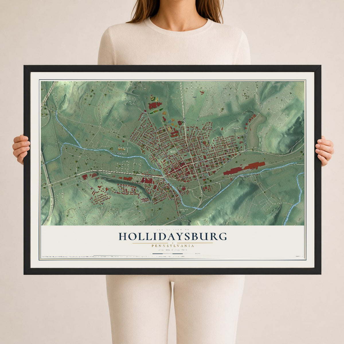 Map of Hollidaysburg, Pennsylvania, 24 x 36 inch print in a black wood frame