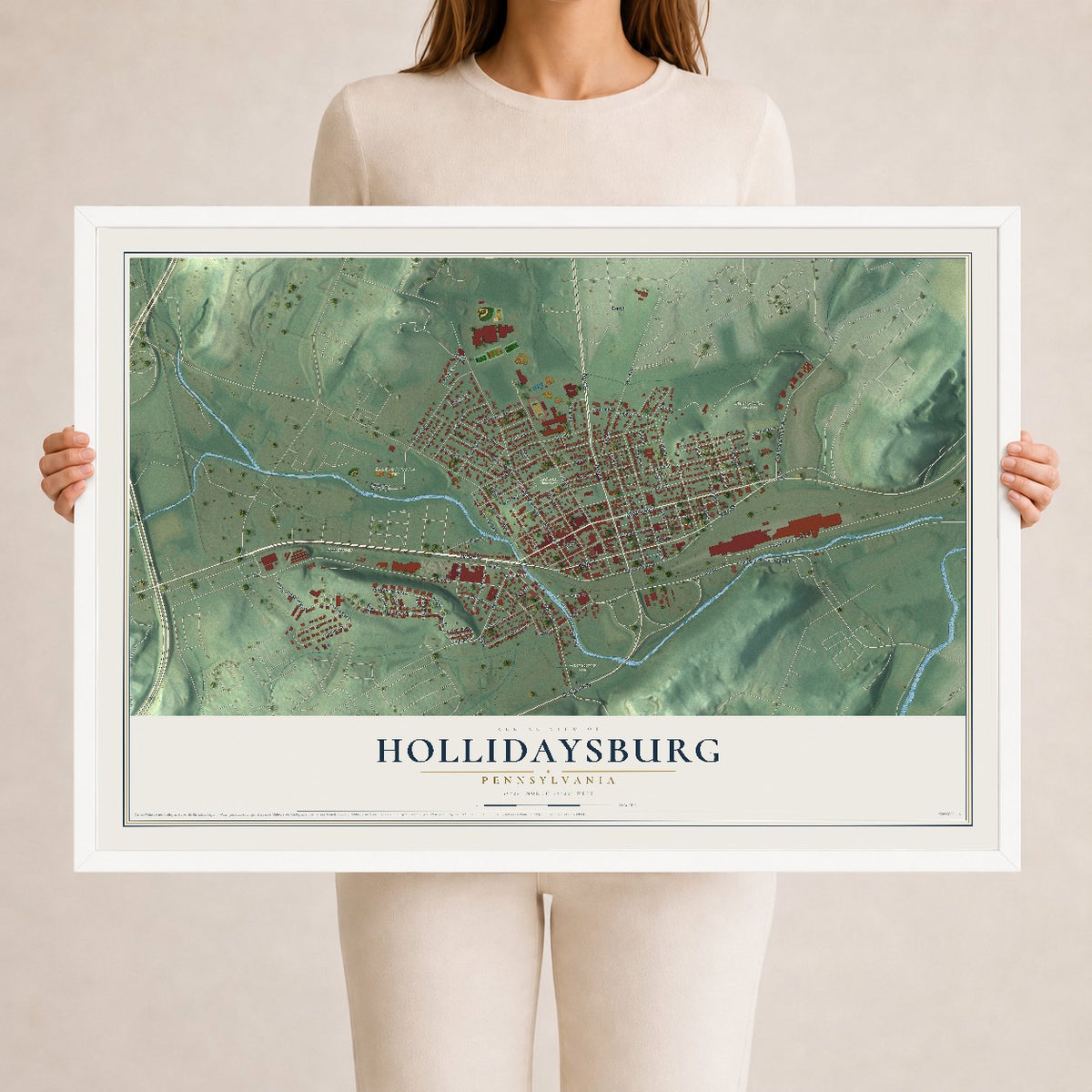Map of Hollidaysburg, Pennsylvania, 24 x 36 inch print in a white wood frame