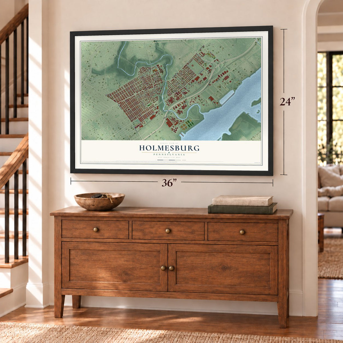Holmesburg, Pennsylvania map, 24 x 36 inch print in a black frame above a dresser by a staircase