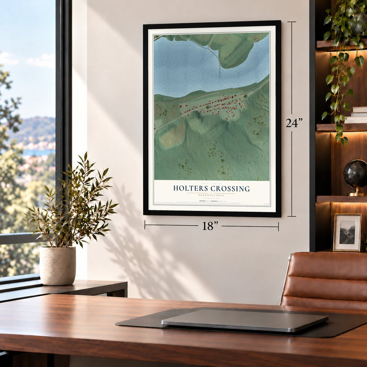 Holters Crossing, Pennsylvania map, 18 x 24 inch print in a black frame in a home office