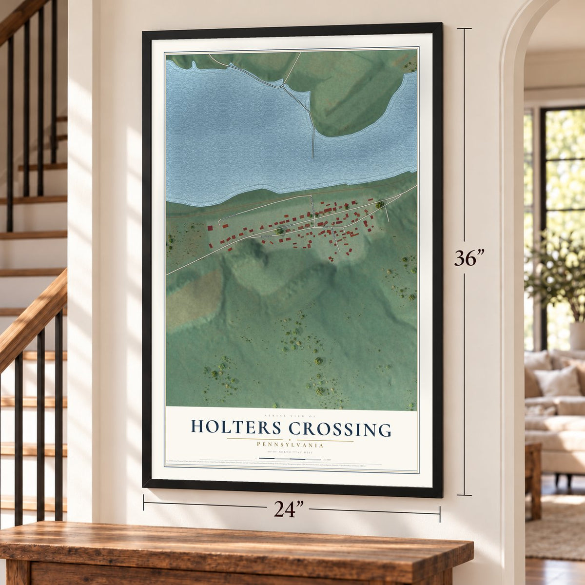Holters Crossing, Pennsylvania map, 24 x 36 inch print in a black frame by a staircase