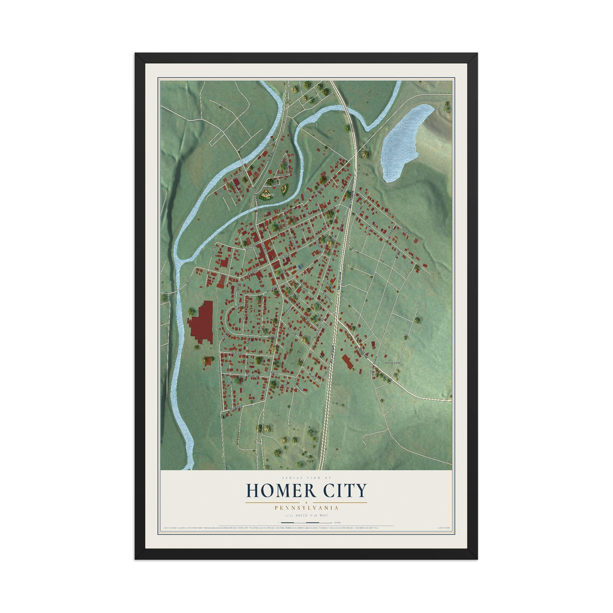 Map of Homer City, Pennsylvania, 12 x 18 inch print in a black wood frame