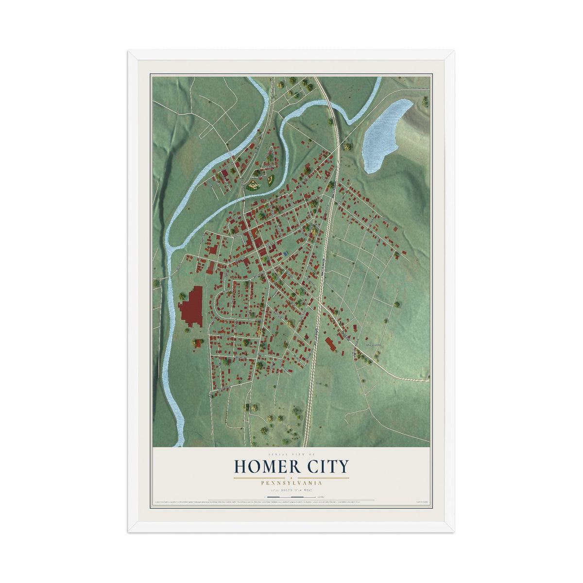 Map of Homer City, Pennsylvania, 12 x 18 inch print in a white wood frame