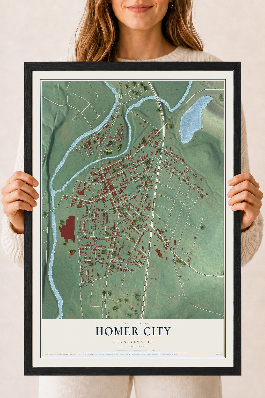 Map of Homer City, Pennsylvania, 18 x 24 inch print in a black wood frame