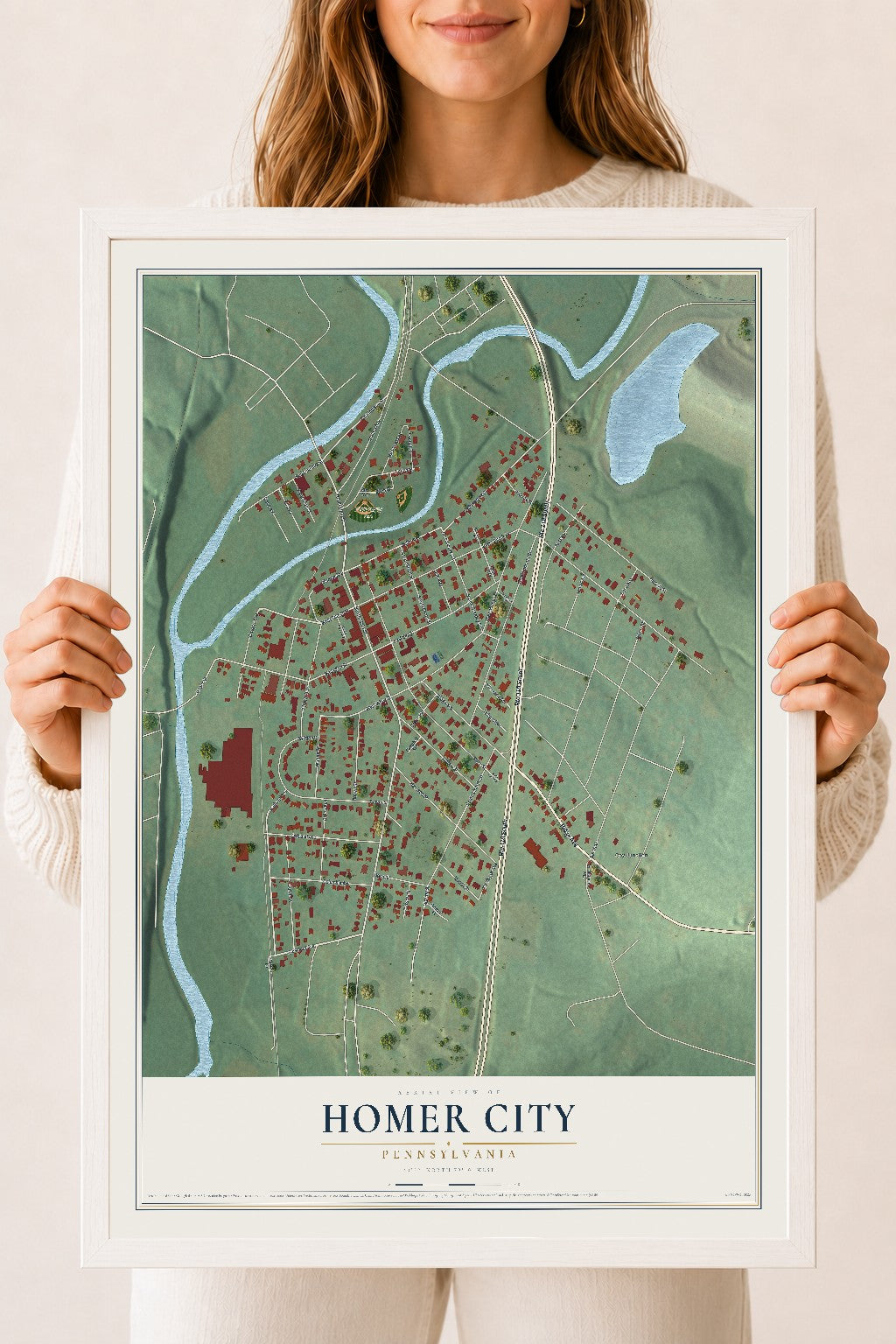 Map of Homer City, Pennsylvania, 18 x 24 inch print in a white wood frame