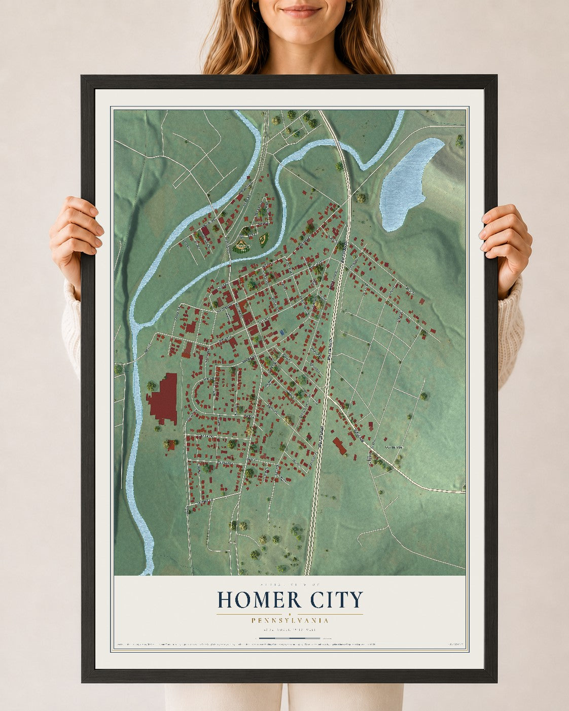 Map of Homer City, Pennsylvania, 24 x 36 inch print in a black wood frame