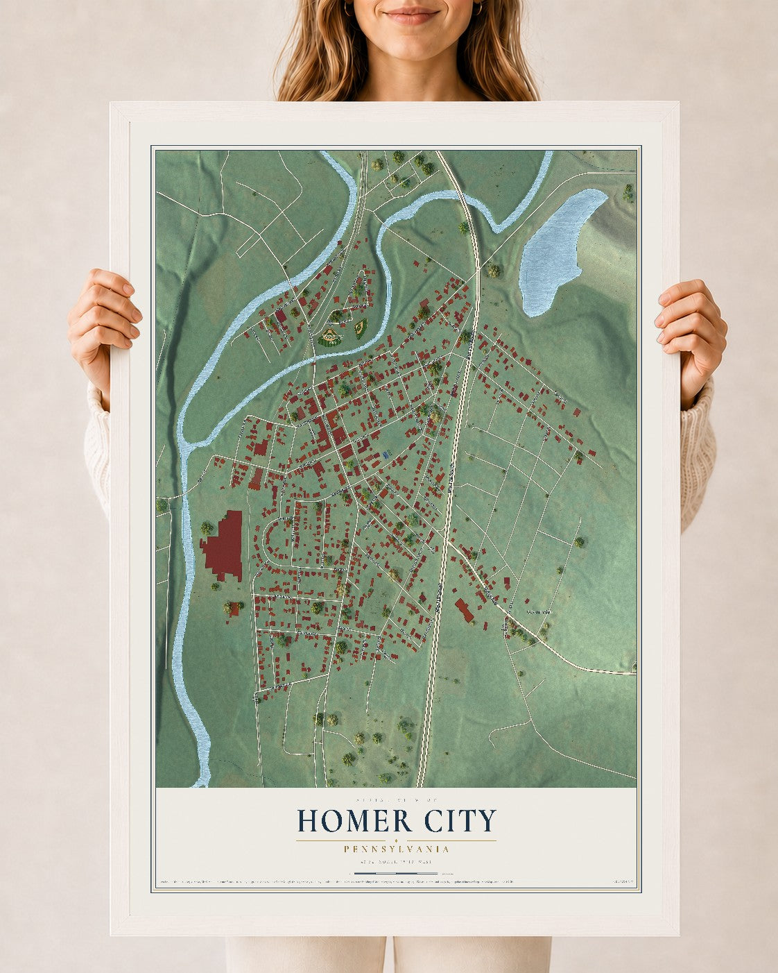 Map of Homer City, Pennsylvania, 24 x 36 inch print in a white wood frame