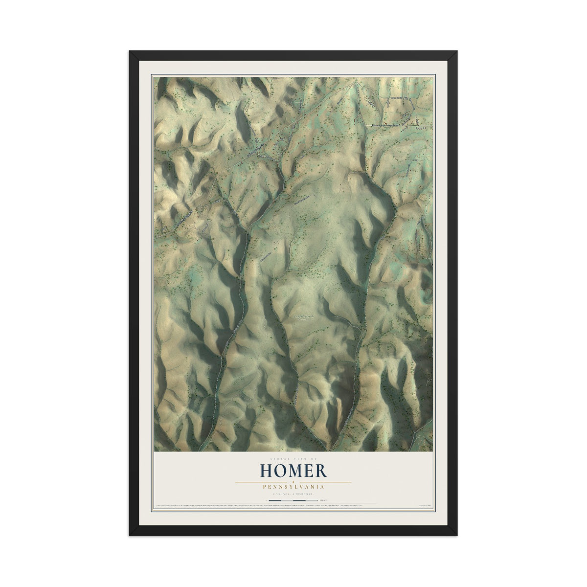 Map of Homer, Pennsylvania, 12 x 18 inch print in a black wood frame