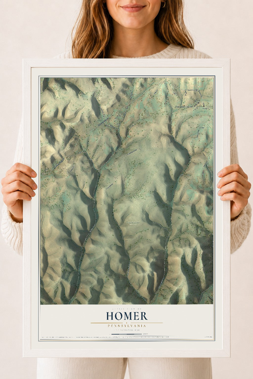 Map of Homer, Pennsylvania, 18 x 24 inch print in a white wood frame