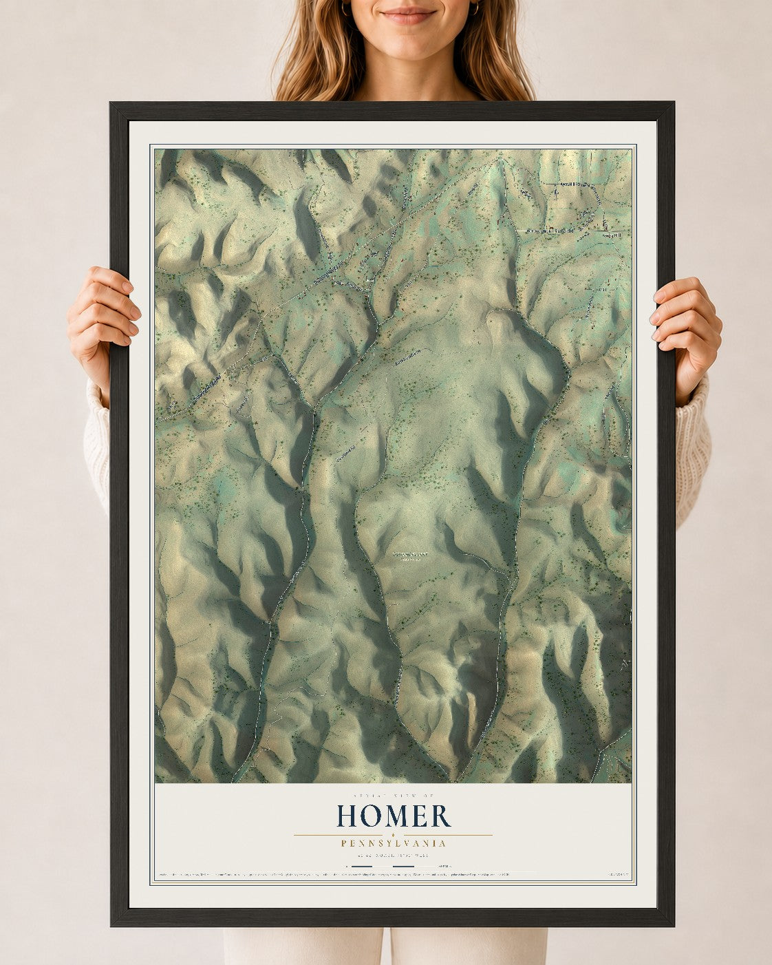 Map of Homer, Pennsylvania, 24 x 36 inch print in a black wood frame