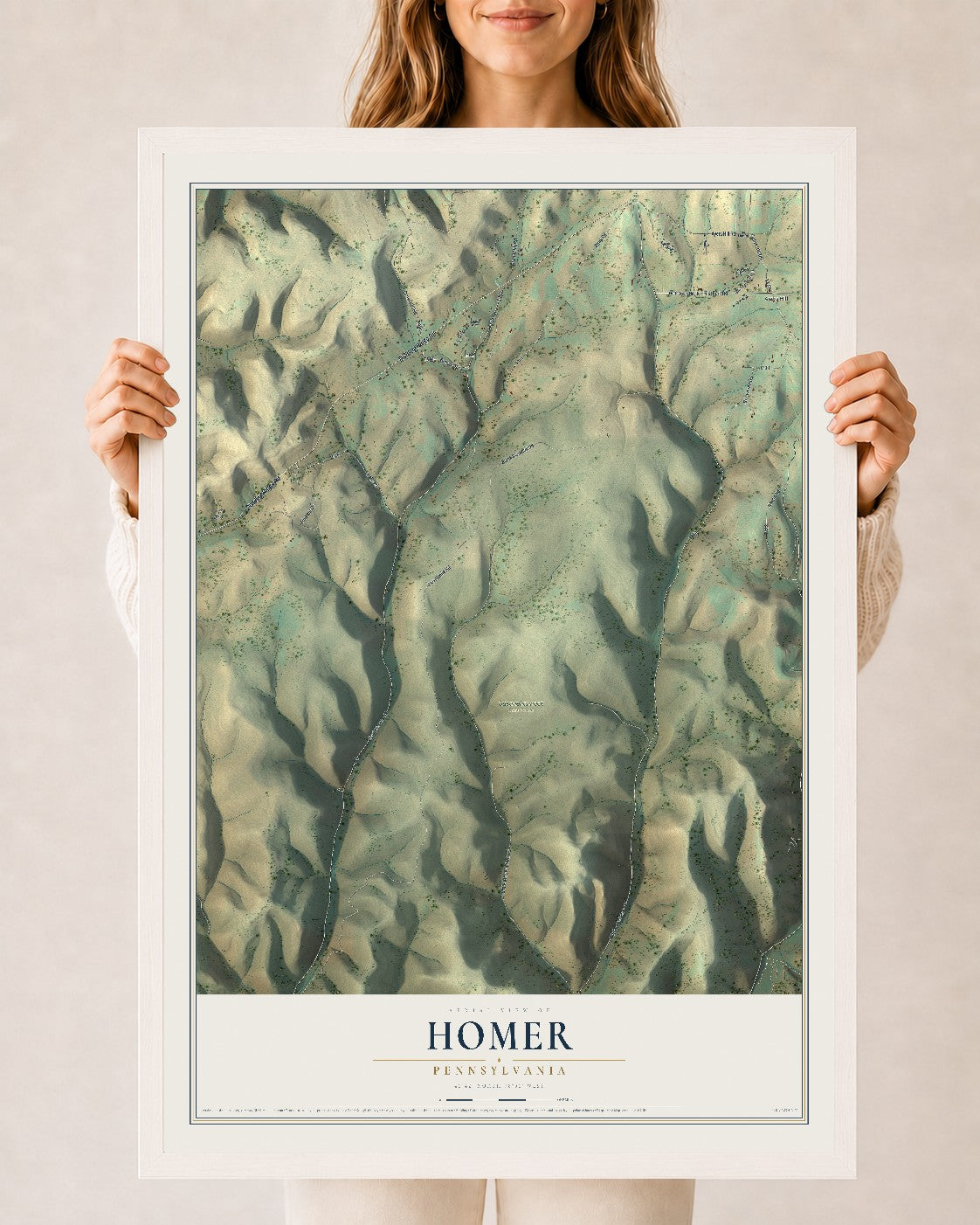 Map of Homer, Pennsylvania, 24 x 36 inch print in a white wood frame