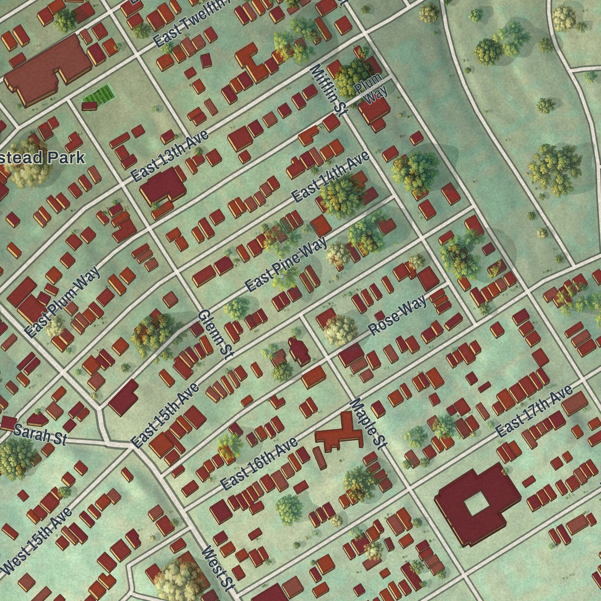 Close-up of the map of Homestead, Pennsylvania print showing street and building detail
