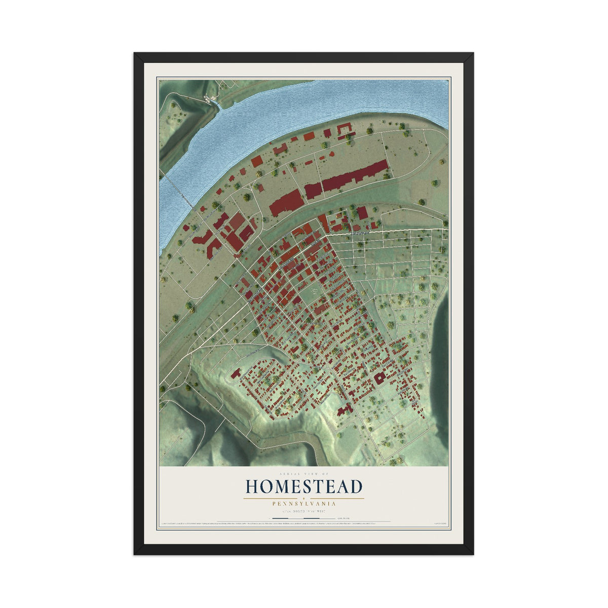 Map of Homestead, Pennsylvania, 12 x 18 inch print in a black wood frame