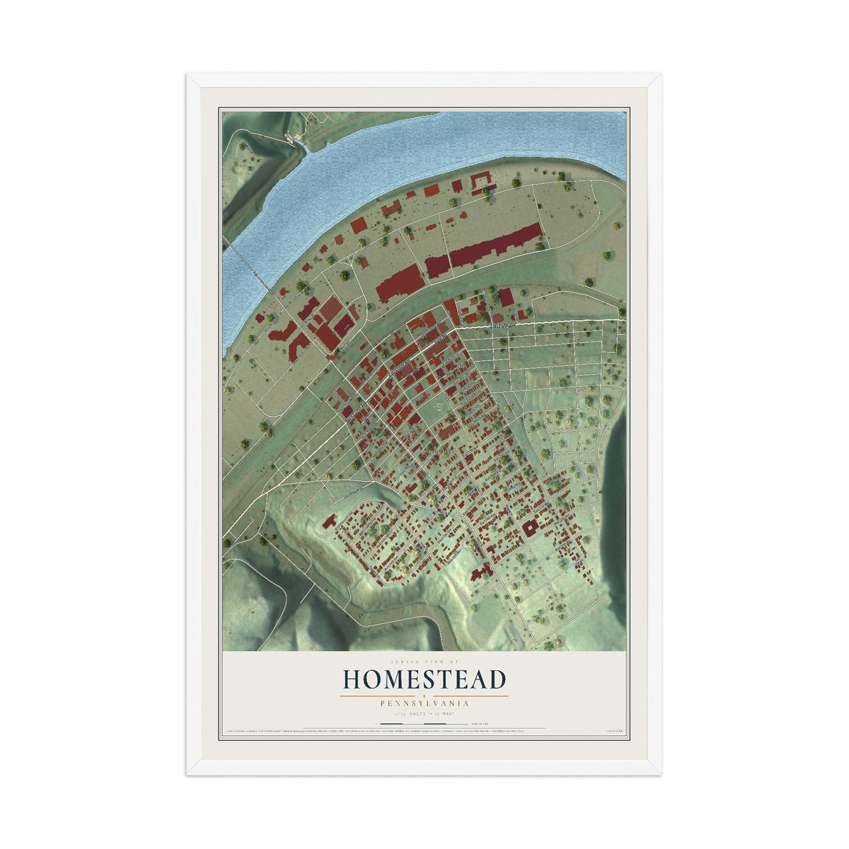 Map of Homestead, Pennsylvania, 12 x 18 inch print in a white wood frame