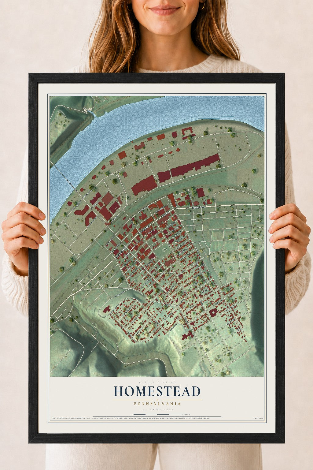 Map of Homestead, Pennsylvania, 18 x 24 inch print in a black wood frame