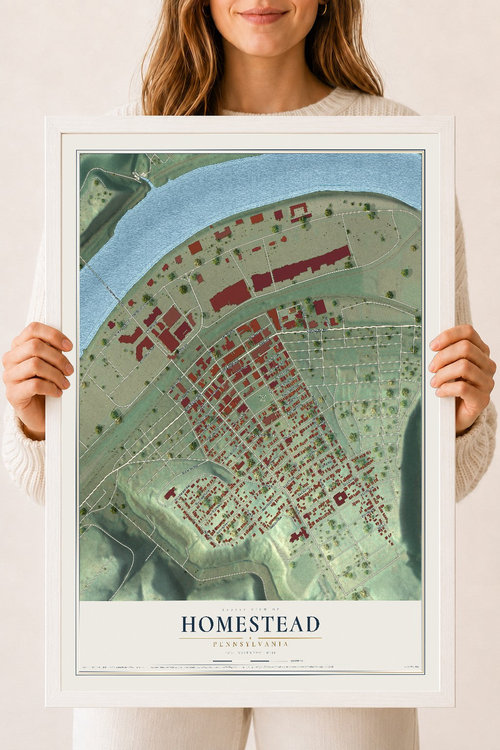 Map of Homestead, Pennsylvania, 18 x 24 inch print in a white wood frame