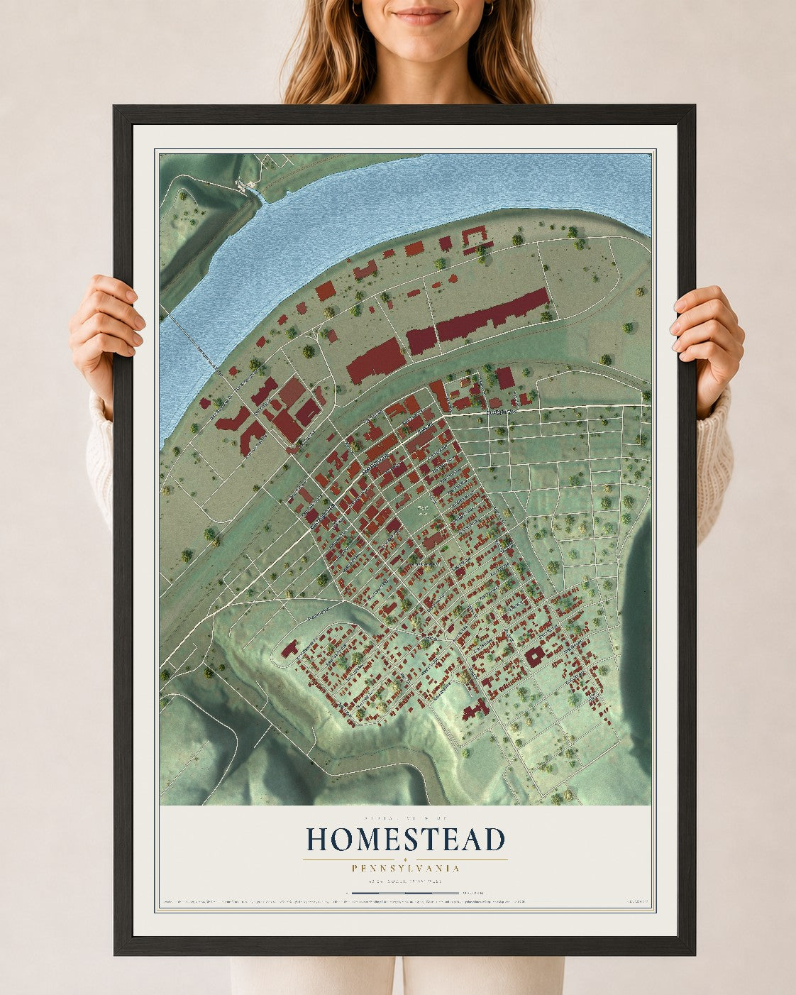 Map of Homestead, Pennsylvania, 24 x 36 inch print in a black wood frame