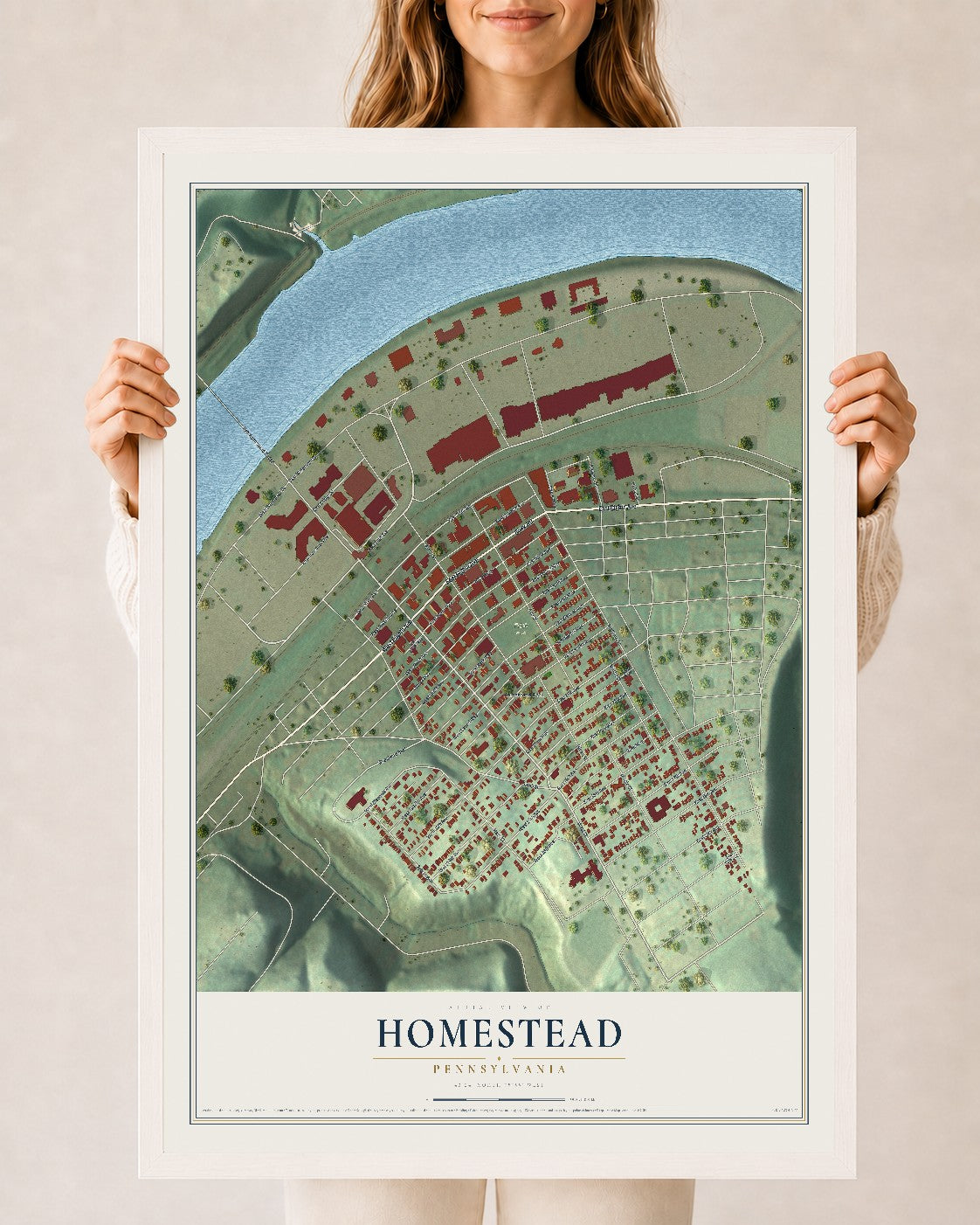 Map of Homestead, Pennsylvania, 24 x 36 inch print in a white wood frame