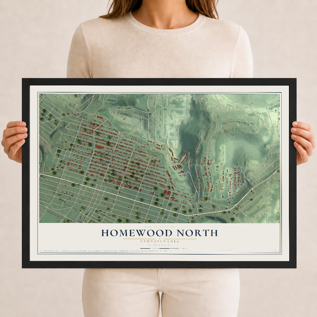 Map of Homewood North, Pennsylvania, 12 x 18 inch print in a black wood frame