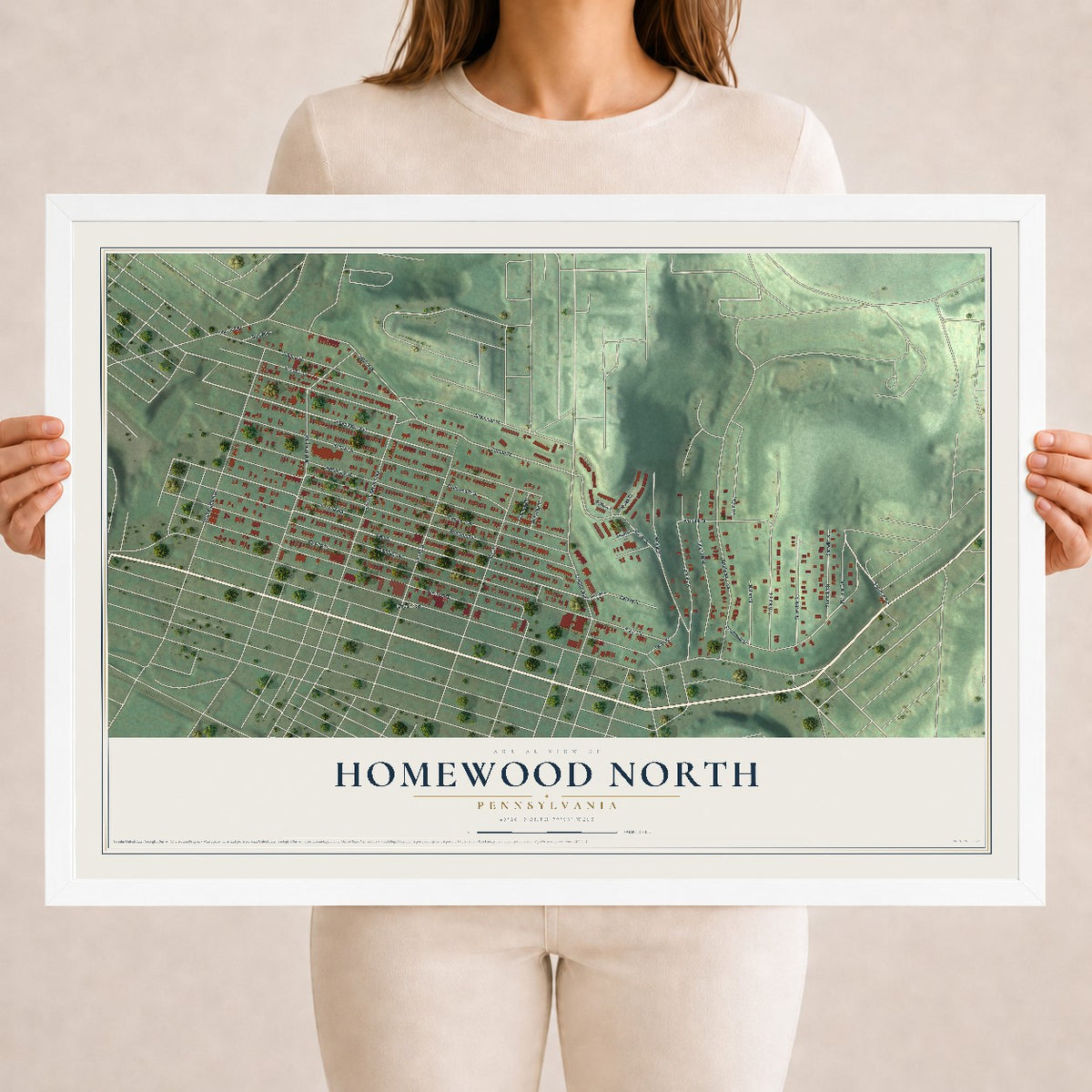 Map of Homewood North, Pennsylvania, 18 x 24 inch print in a white wood frame