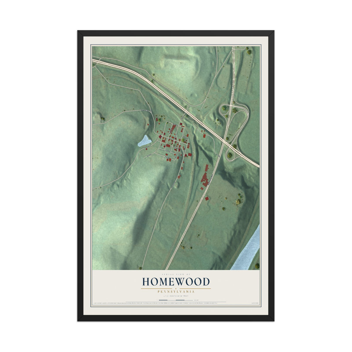 Map of Homewood, Pennsylvania, 12 x 18 inch print in a black wood frame