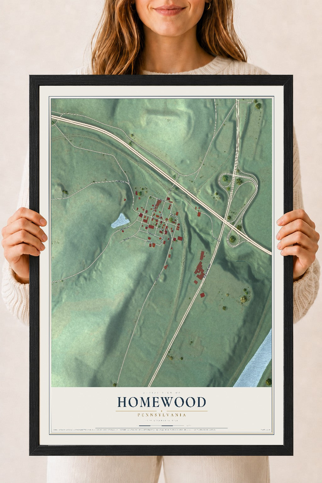 Map of Homewood, Pennsylvania, 18 x 24 inch print in a black wood frame