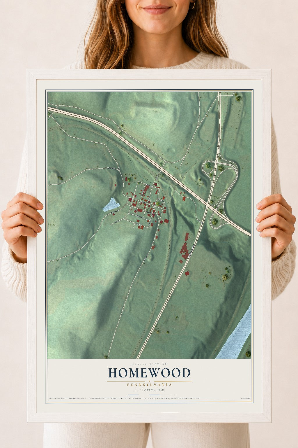 Map of Homewood, Pennsylvania, 18 x 24 inch print in a white wood frame