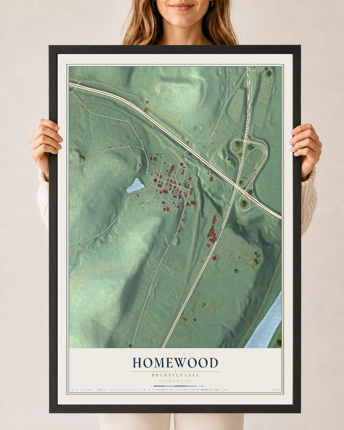 Map of Homewood, Pennsylvania, 24 x 36 inch print in a black wood frame