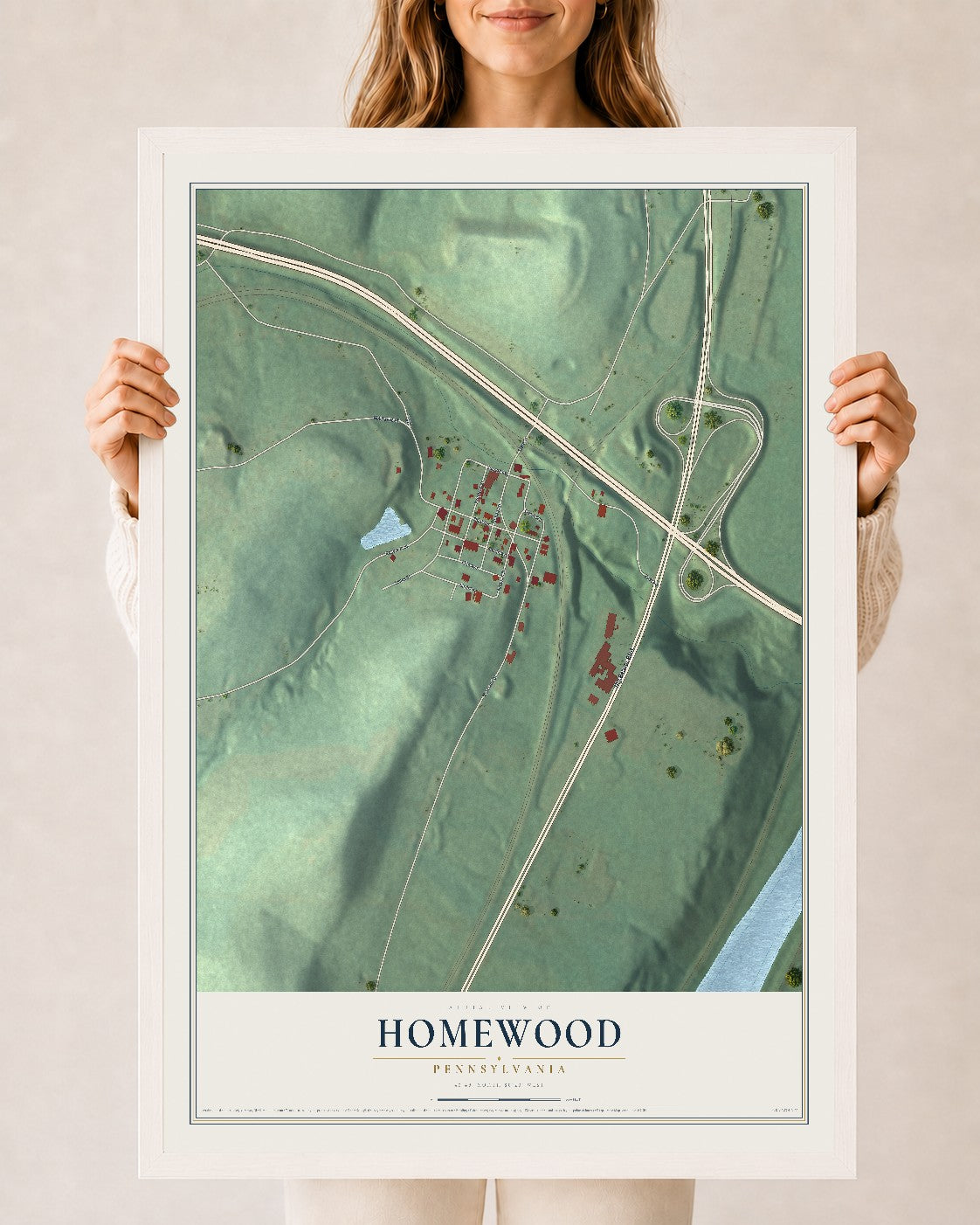 Map of Homewood, Pennsylvania, 24 x 36 inch print in a white wood frame