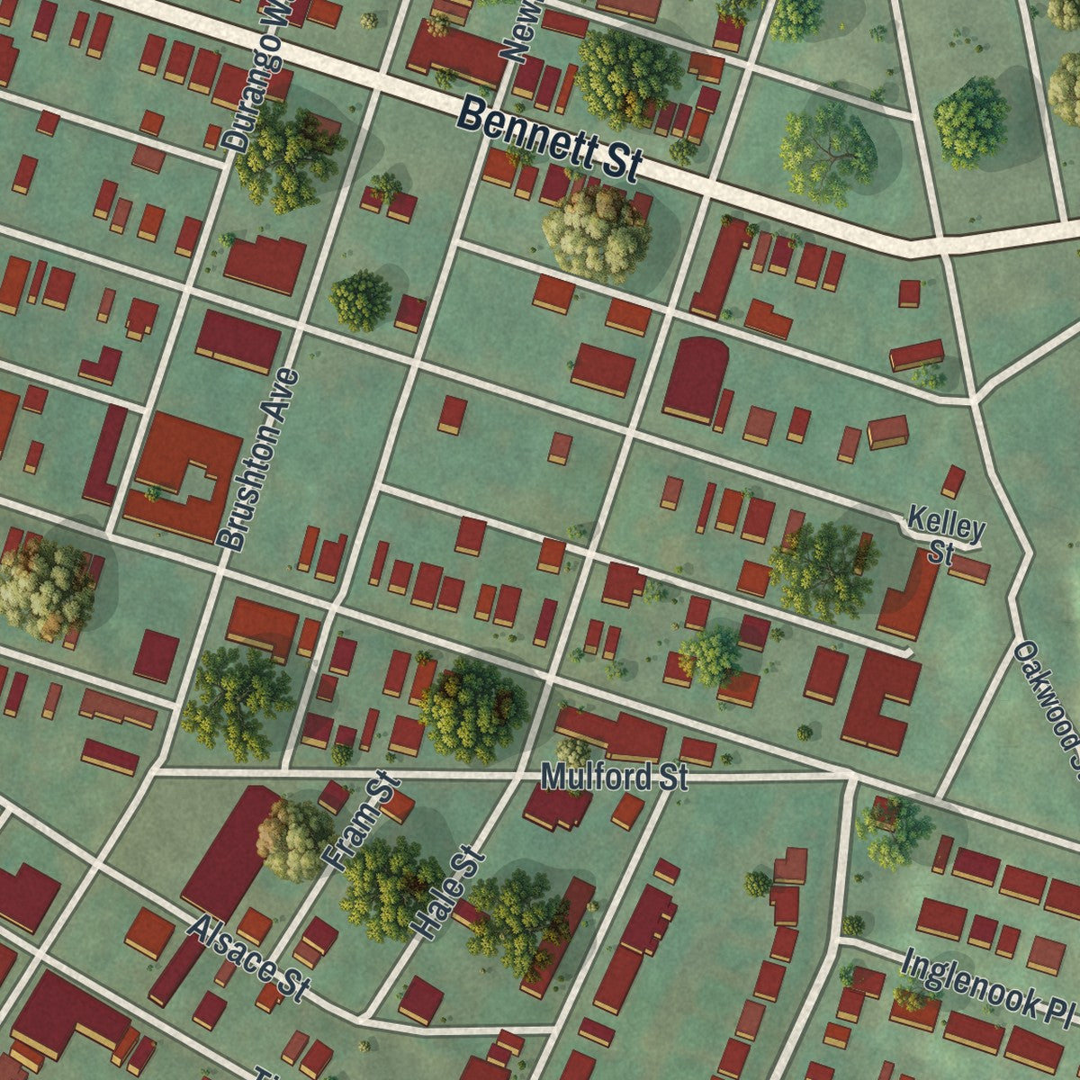 Close-up of the map of Homewood South, Pennsylvania print showing street and building detail