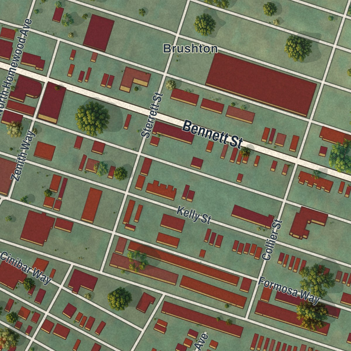 Second close-up of the map of Homewood South, Pennsylvania print showing more streets and buildings