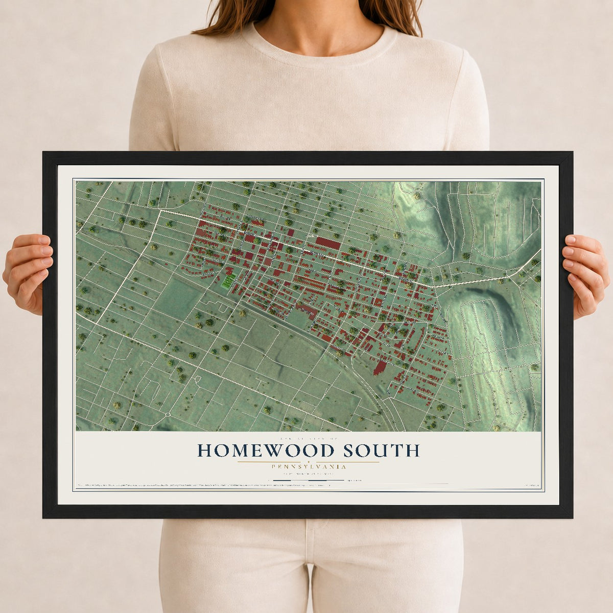 Map of Homewood South, Pennsylvania, 12 x 18 inch print in a black wood frame