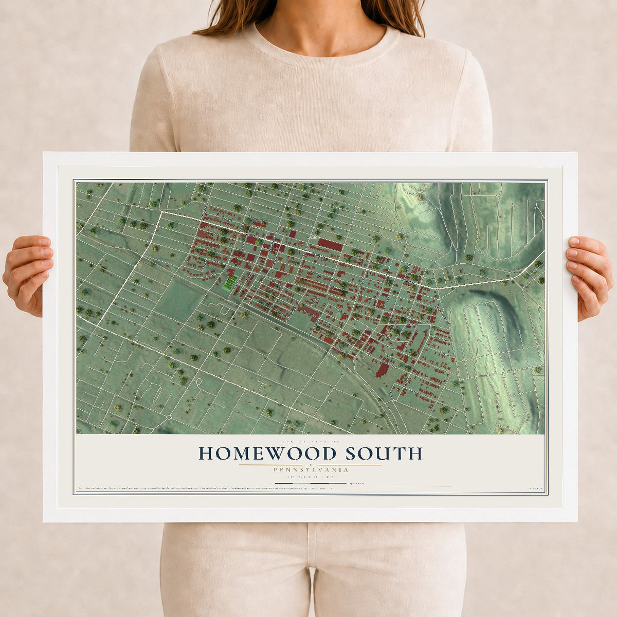 Map of Homewood South, Pennsylvania, 12 x 18 inch print in a white wood frame