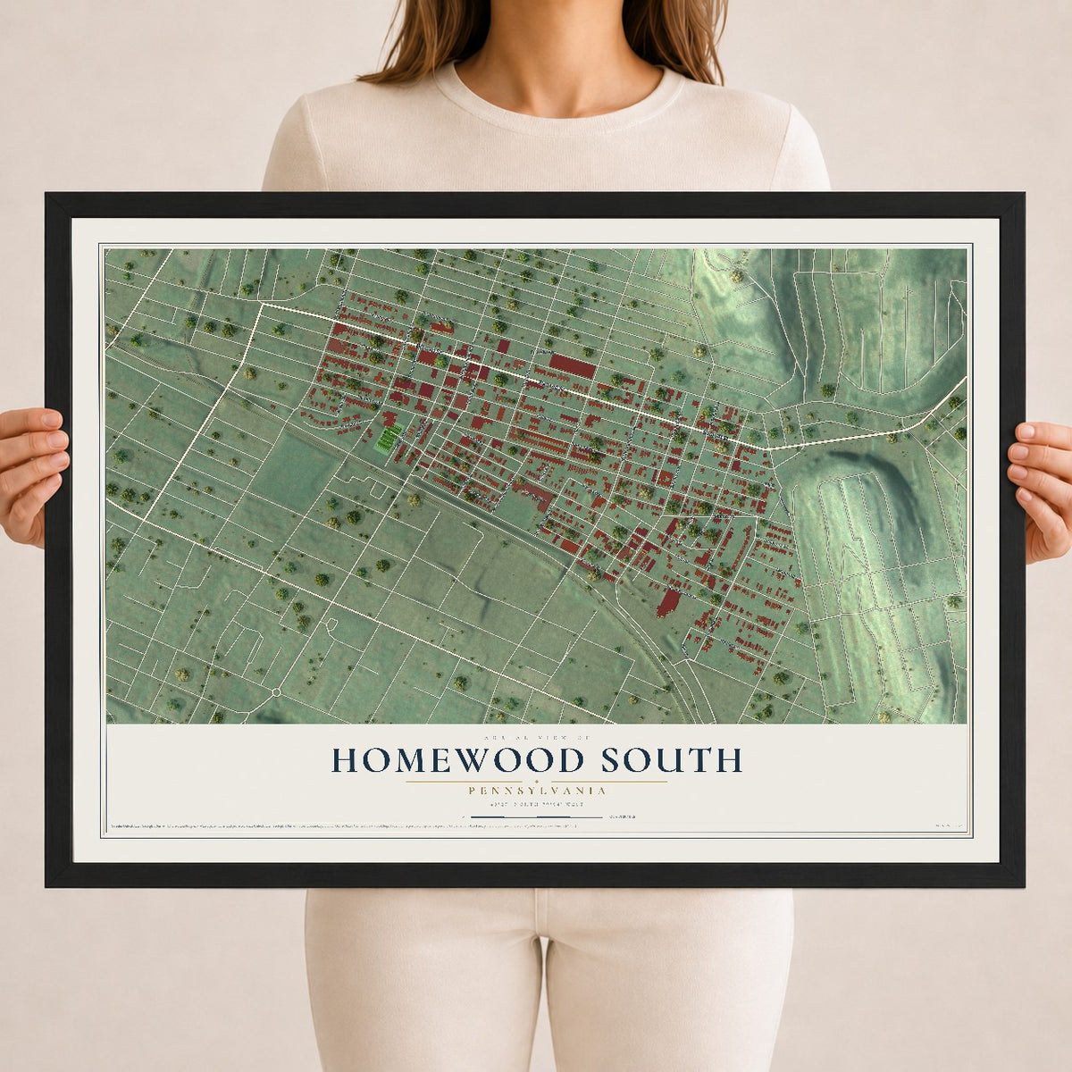 Map of Homewood South, Pennsylvania, 18 x 24 inch print in a black wood frame