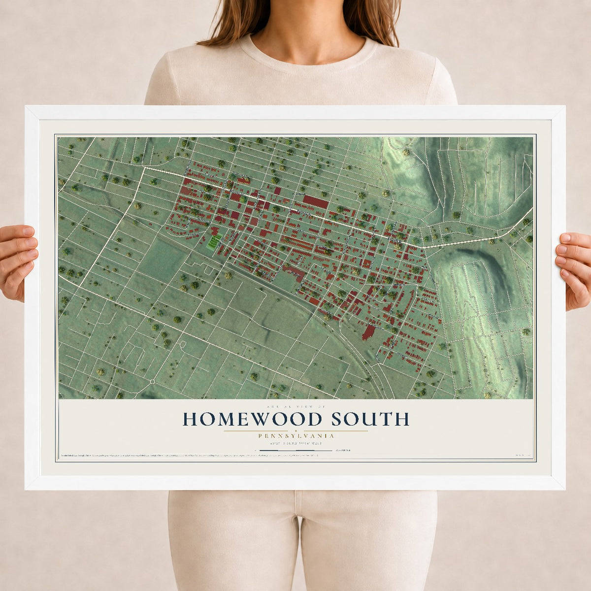 Map of Homewood South, Pennsylvania, 18 x 24 inch print in a white wood frame
