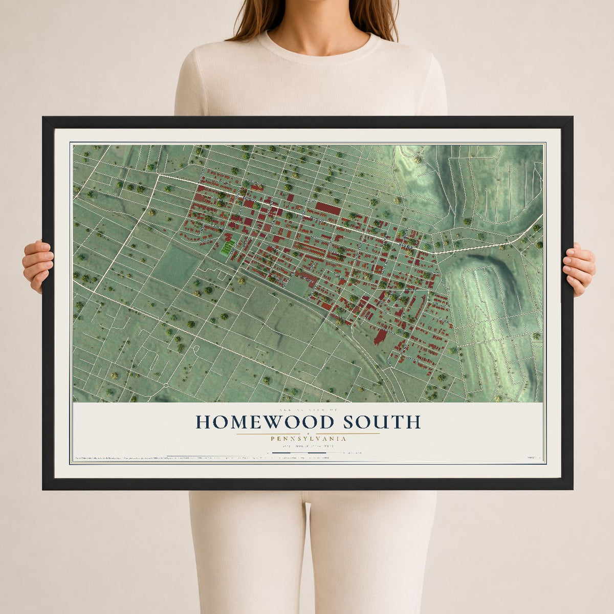 Map of Homewood South, Pennsylvania, 24 x 36 inch print in a black wood frame