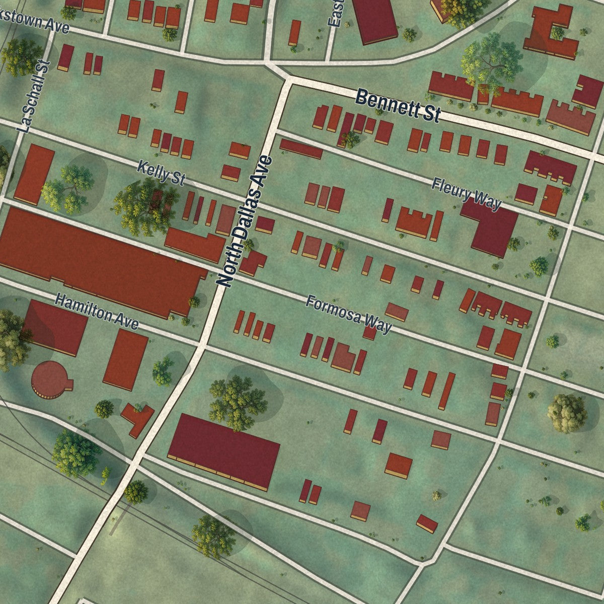 Close-up of the map of Homewood West, Pennsylvania print showing street and building detail
