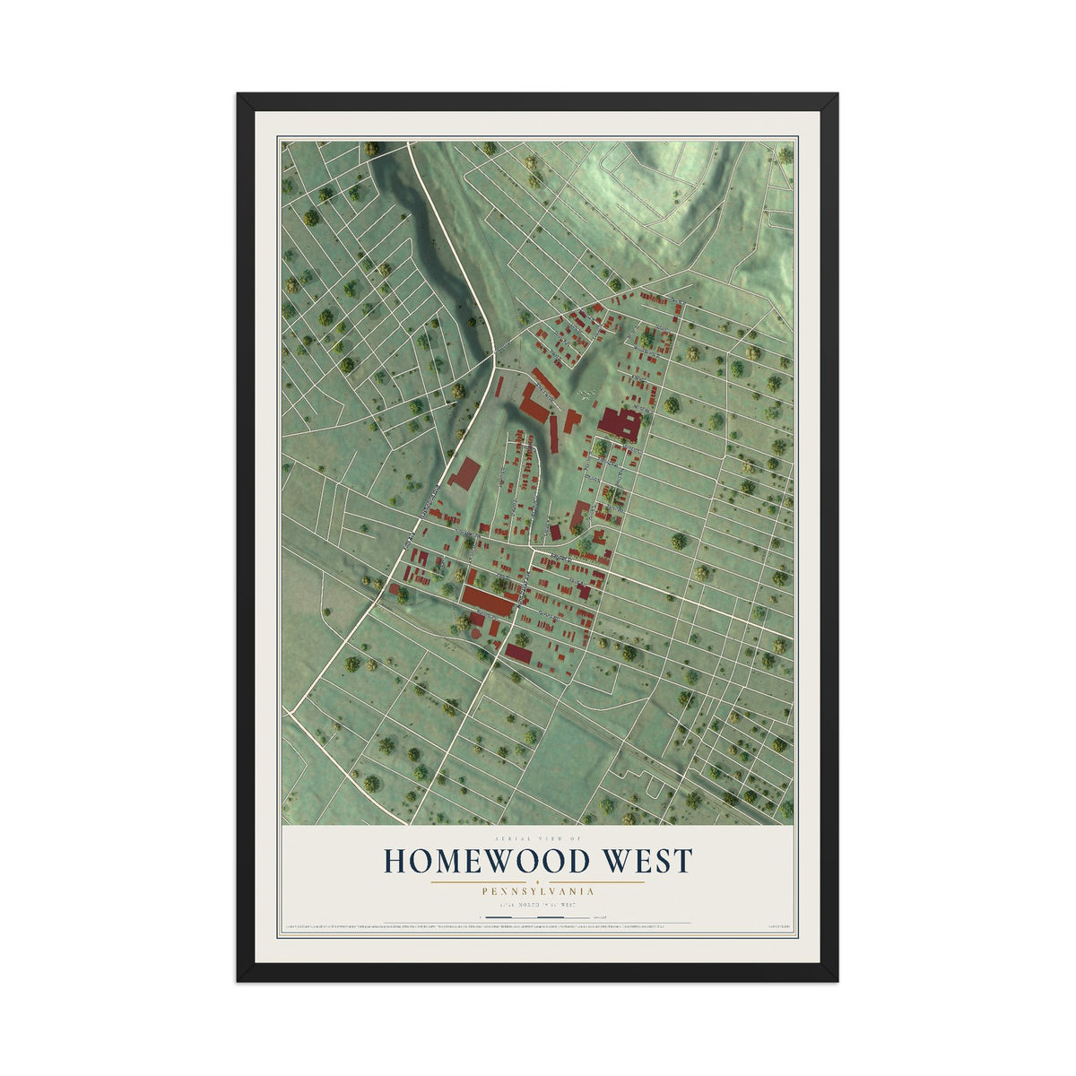 Map of Homewood West, Pennsylvania, 12 x 18 inch print in a black wood frame