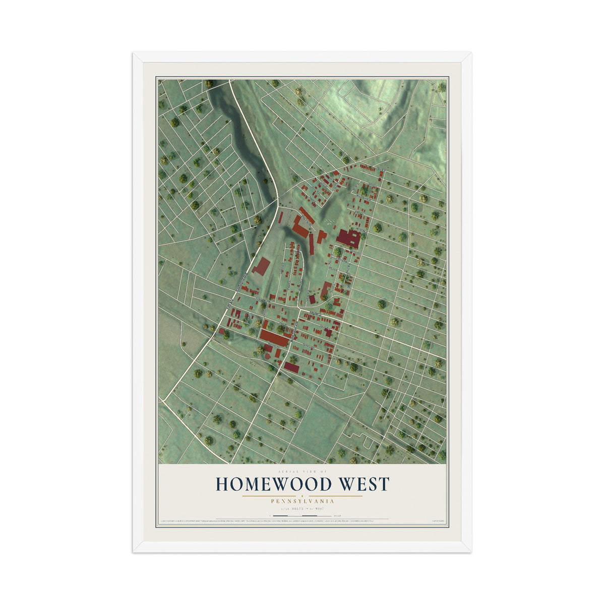 Map of Homewood West, Pennsylvania, 12 x 18 inch print in a white wood frame