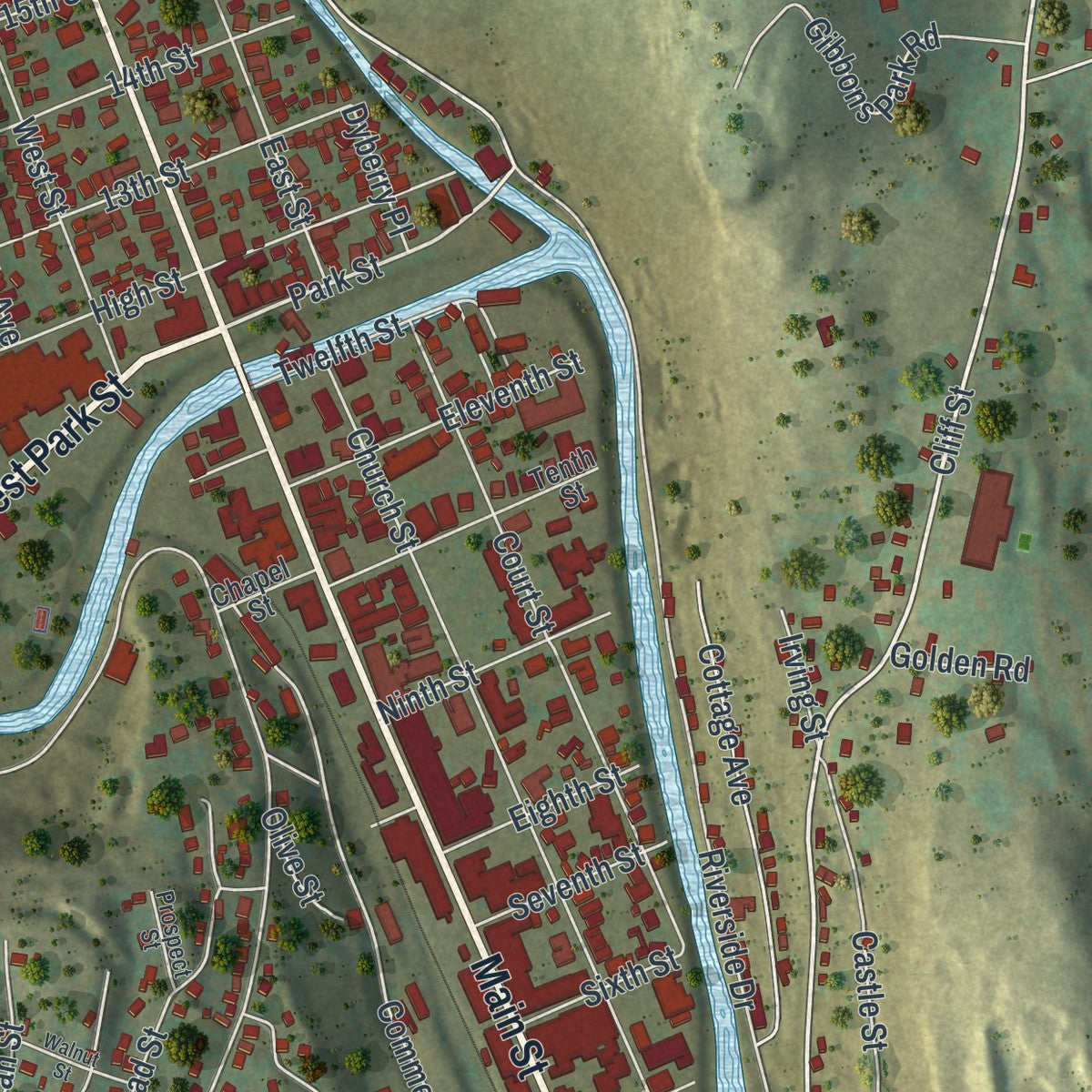 Close-up of the map of Honesdale, Pennsylvania print showing street and building detail