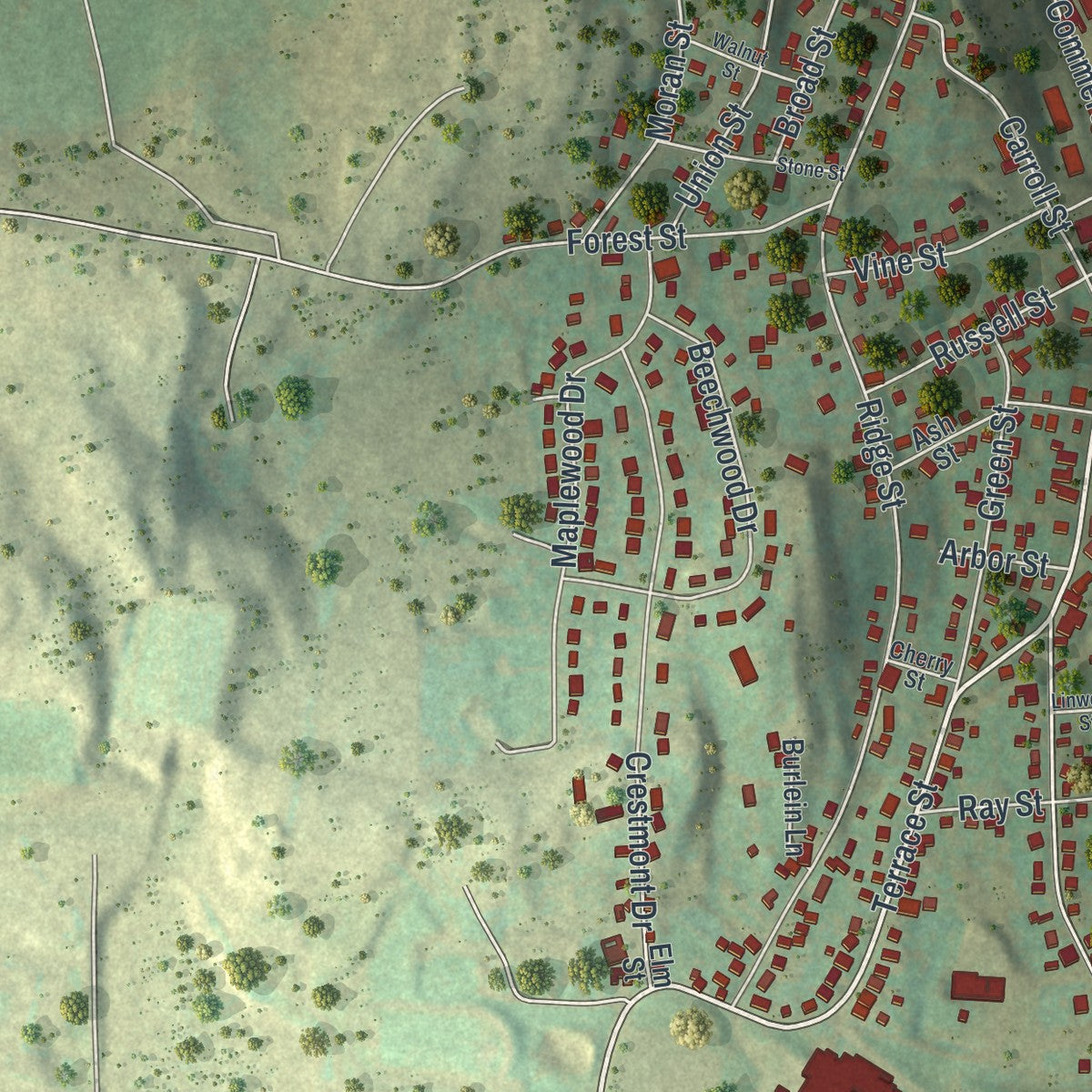 Second close-up of the map of Honesdale, Pennsylvania print showing more streets and buildings