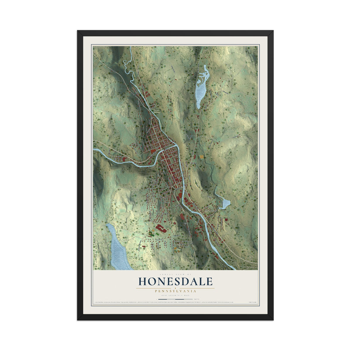 Map of Honesdale, Pennsylvania, 12 x 18 inch print in a black wood frame